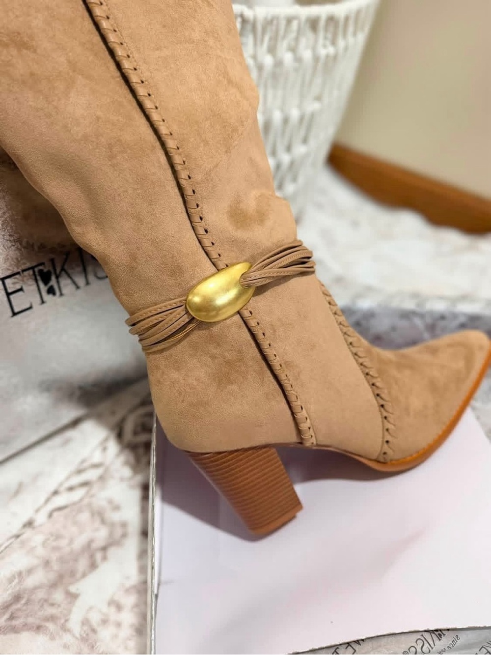 Tan Suede Mid-Calf Heeled Boot with Gold Accent